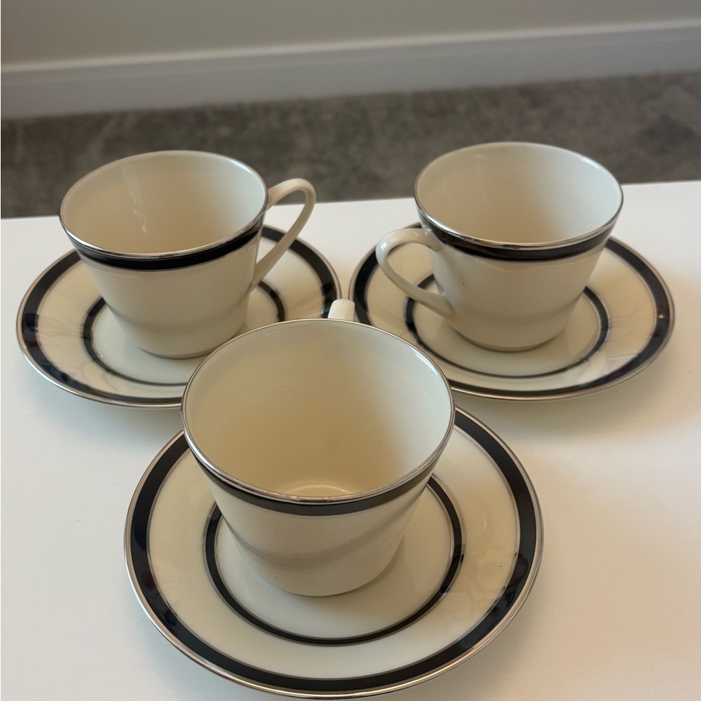 LENOX Venture Cup & Saucer Elegant Cream and Black (3) Tea Cup Set